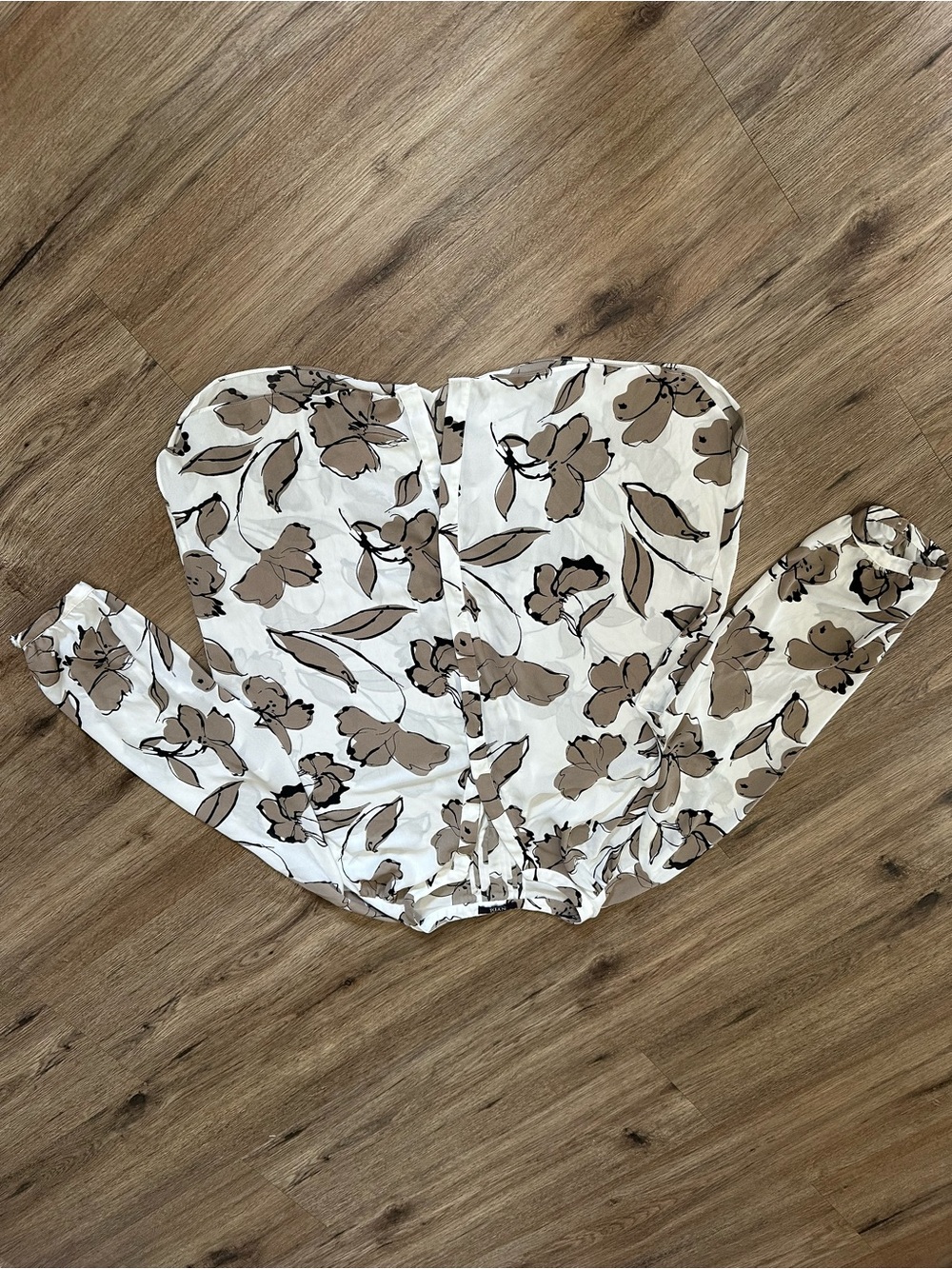 NYDJ White Blouse with Taupe and Black Floral Print